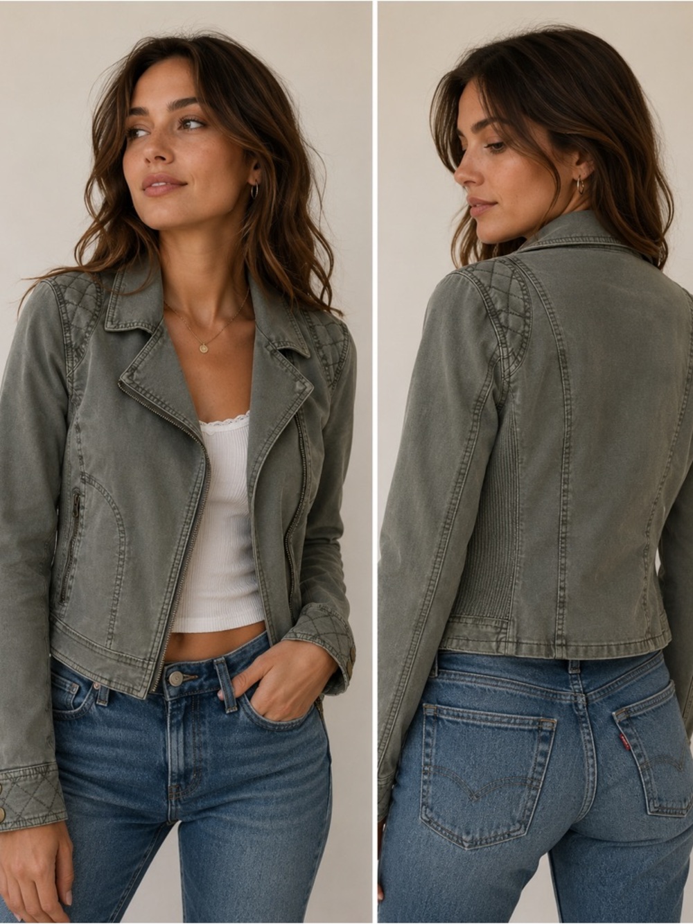 Anthropologie Washed Olive Moto Jacket Quilted Detail Utility Women’s Small